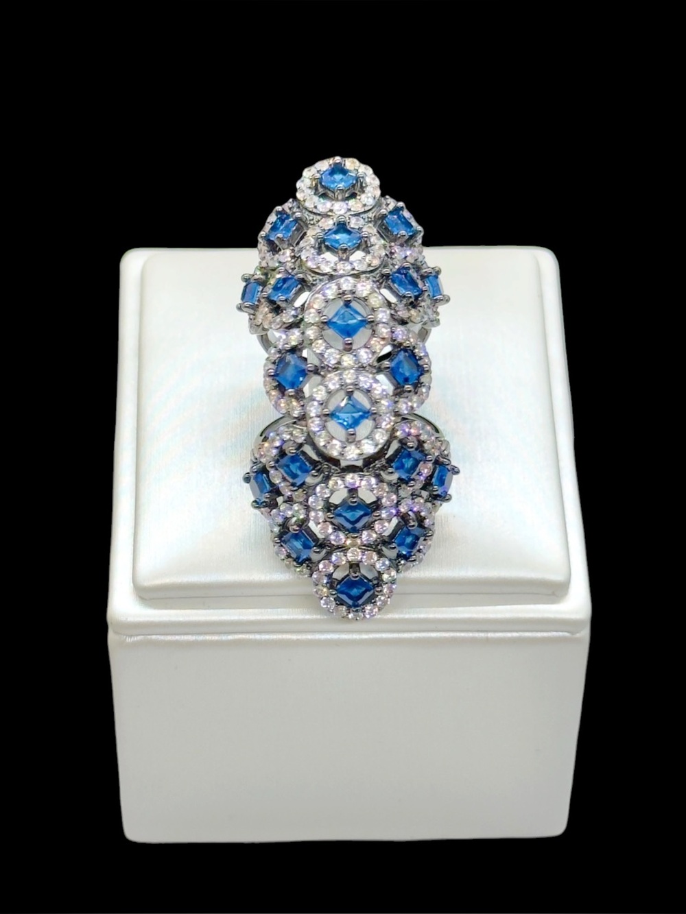 Vintage 1990’s Hallmarked Joan Boyce Sapphire Blue & Clear Crystal Double Ring
